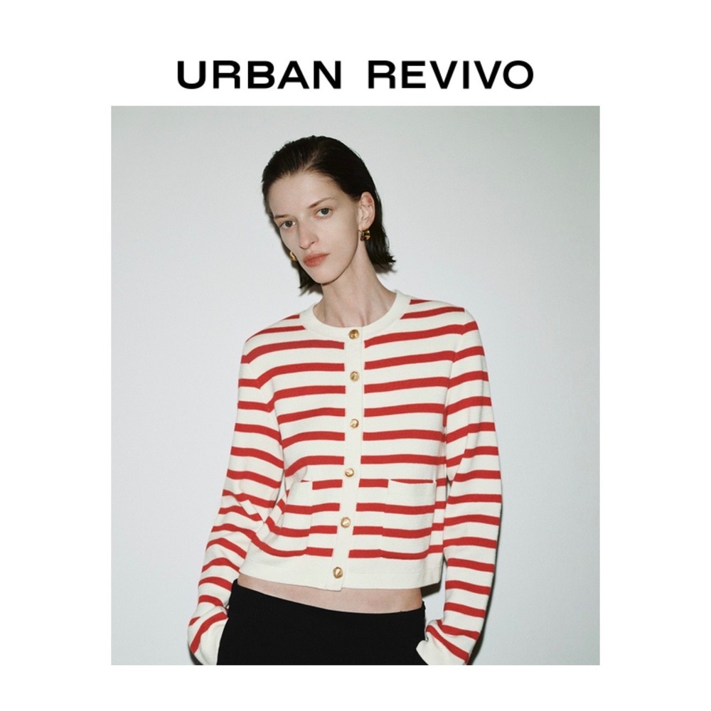 Urban Revivo Striped Cardigan Red White‎ Gold Button Crew Neck Knit Sweater
